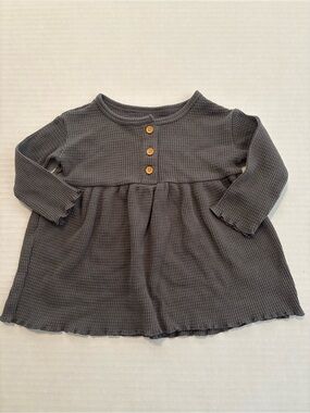 Girls’ Long Sleeve Waffle Knit Tunic Dress with Button Detail - Charcoal